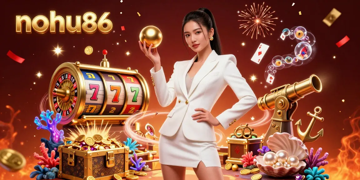 Experience thrilling gameplay with nohu86, featuring an Asian woman in a luxury casino, surrounded by jackpot-winning slot elements.
