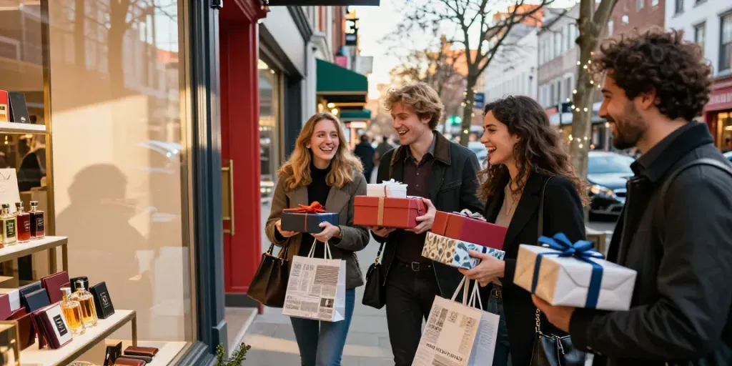 Gifts for men showcased in a vibrant urban gift shop with friends happily shopping.