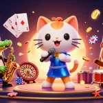 Experience thrilling lode gaming with animated feline and friends celebrating wins at a vibrant casino