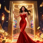 Nổ hũ jackpots await in this vibrant casino scene filled with spinning reels and golden accents.