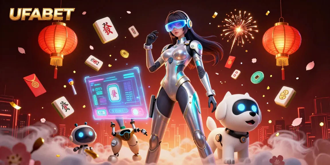 Experience the excitement of UFABET with a futuristic casino illustration featuring a stylish woman and a robot dog.