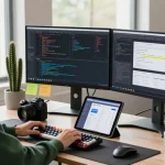 AI image generator used by a software developer in a vibrant workspace, highlighting tech elements and creativity.