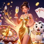 Hit on a vibrant casino scene showcasing glamorous characters, sparkling gold coins, and a spinning roulette wheel.