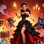 Win88 offers vibrant casino magic with colorful slot symbols and characters in a dramatic setting.