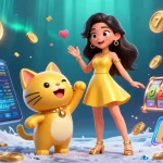 Experience the excitement at hitclubofficial with a joyful woman and lucky cat surrounded by floating game elements.
