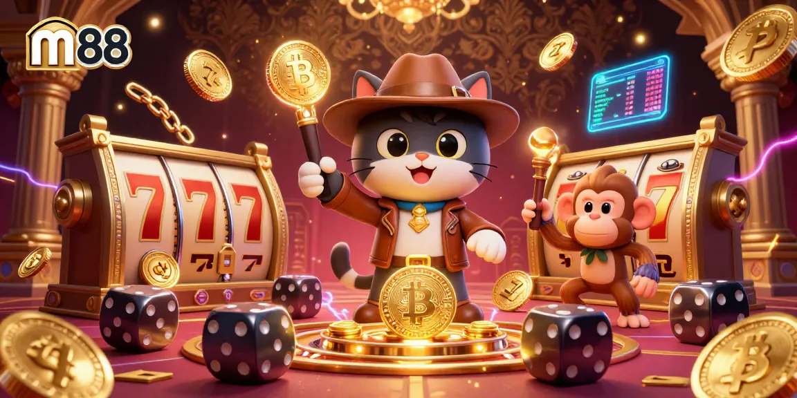 Experience the thrill of m88 with a stacked 3D scene featuring an archaeologist cat and golden casino artifacts.