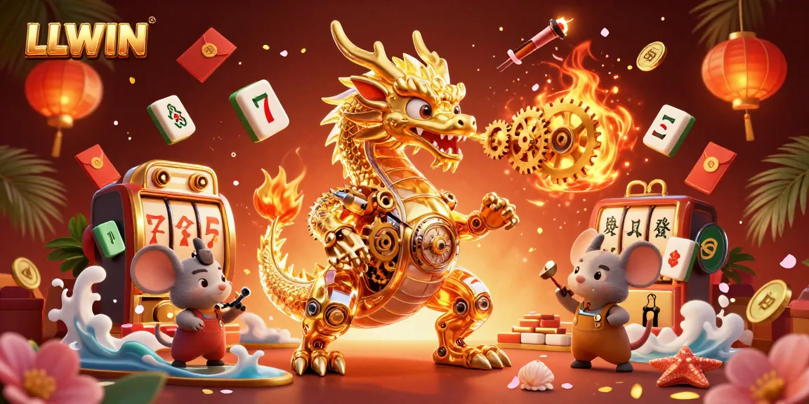 Experience gaming excitement at LLWIN with a golden dragon and vivid casino elements illustrating a vibrant online world.