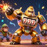 Experience the thrill of situs slot with a dynamic 3D golden gorilla mech illustrating slots and jackpots.