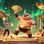 Experience the exciting world of EE88 casino gaming with a dynamic 3D illustration of a sumo beetle champion in action.