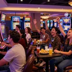 Friends celebrating at HWGSLOT with vibrant slot machines and casino lights.