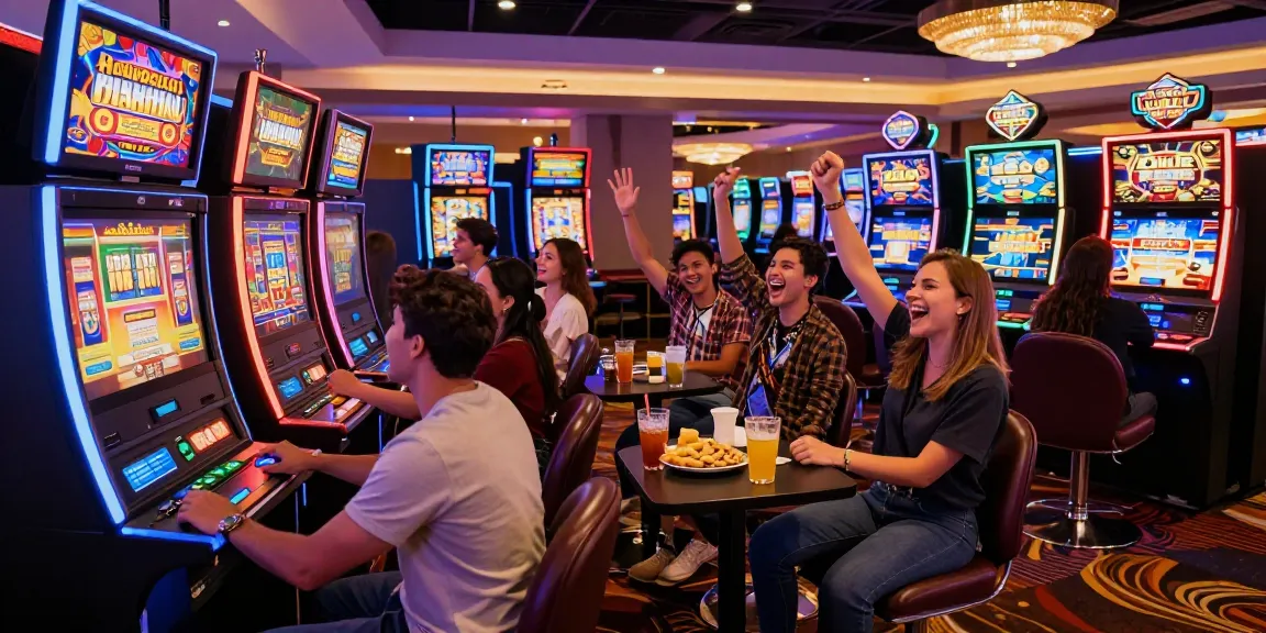 Friends celebrating at HWGSLOT with vibrant slot machines and casino lights.