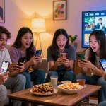 Friends enjoying bokep viral indonesia videos in a colorful living room.