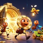 Engaging scene of lu88's ants hauling a massive poker chip in an exciting casino heist setup.