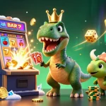 88M showcases a lively casino scene with a T-Rex shuffling cards and a triceratops stacking chips.