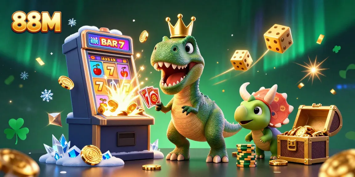88M showcases a lively casino scene with a T-Rex shuffling cards and a triceratops stacking chips.