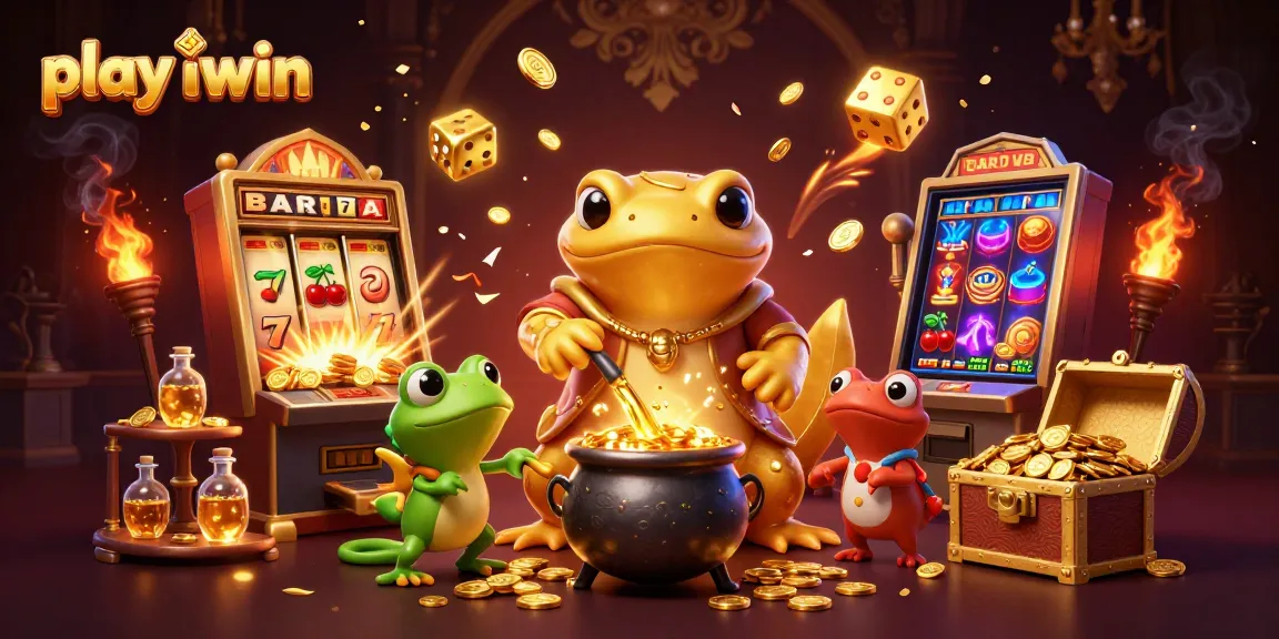Play iwin with the energetic alchemist pouring gold coins and vibrant casino symbols.
