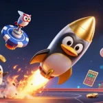 UU88 offers thrilling casino adventures with a rocket penguin aiming for jackpot wins.