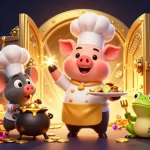 Experience excitement at Website Sunwin with a 3D chef pig serving gold coins amidst vibrant casino treasures.