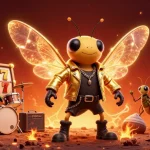 Engage with thrilling 123B casino adventures through this energetic illustration featuring a cicada rock star and lively gaming elements.