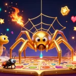 Game Slot scene with a golden spider and centipede croupier amid colorful casino elements.