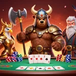 Go88 interactive casino scene featuring a Viking berserker bear and Valkyrie eagle amidst poker elements.