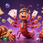 Engage with Z188's thrilling gaming experience featuring a lively millipede dealer and a snail high-roller surrounded by colorful casino elements.