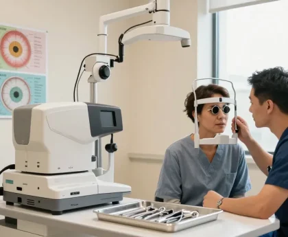 See detailed eye care consultation at SNU Eye Clinic with surgeon and patient.