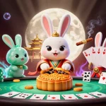 Join the ZX88 online casino experience with poker chips and golden mooncakes revealed in a whimsical scene.