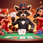 Engage in situs toto gaming action with a raccoon holding a royal flush at a lively poker table