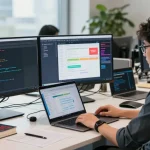 Developer using rti scheduler in a modern office workspace with dual monitors and tech innovations