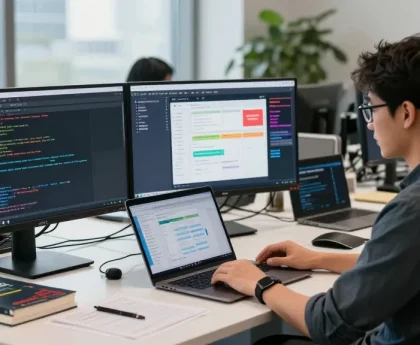 Developer using rti scheduler in a modern office workspace with dual monitors and tech innovations