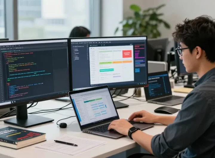 Developer using rti scheduler in a modern office workspace with dual monitors and tech innovations