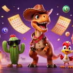 nhacaibetuytin showcases a dynamic casino scene with a dinosaur cowboy and colorful lottery elements.