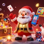 Win big with otw555: Santa spins jackpot slots alongside reindeer and snowman in vibrant casino scene.