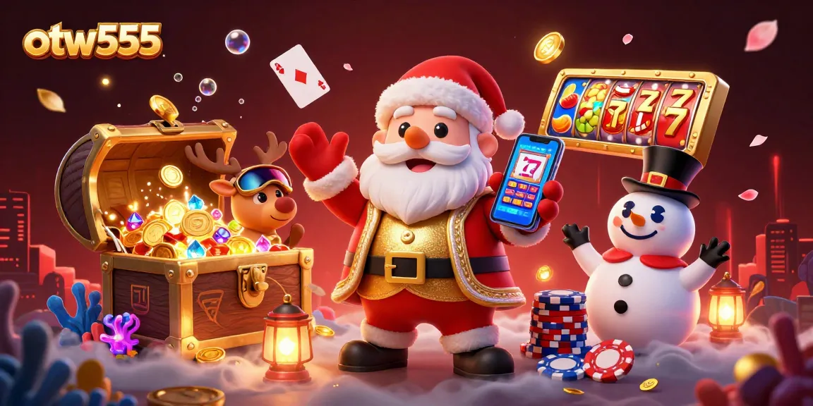 Win big with otw555: Santa spins jackpot slots alongside reindeer and snowman in vibrant casino scene.