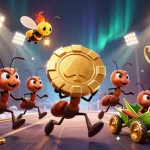 Ants in a heist carrying a giant poker chip at bl555, surrounded by sports elements and gold coins.