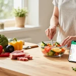 Healthy cooking with the best calorie tracker app on a smartphone in a sunny kitchen.