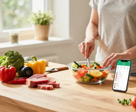 Healthy cooking with the best calorie tracker app on a smartphone in a sunny kitchen.
