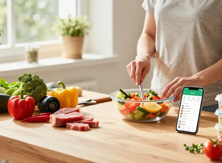 Healthy cooking with the best calorie tracker app on a smartphone in a sunny kitchen.