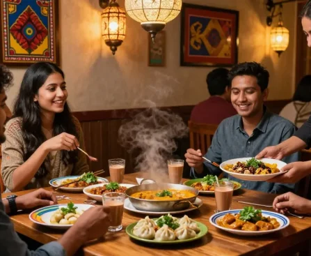 Experience the authentic flavors at Namaste Curry and Momo with friends enjoying delicious momos and curry dishes.