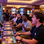Casino players enjoying link slot gacor excitement at vibrant slot machine with colorful lights.
