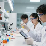 Laboratory technician examining a lyophilized peptide vial in a modern scientific setting.