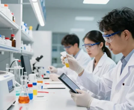 Laboratory technician examining a lyophilized peptide vial in a modern scientific setting.