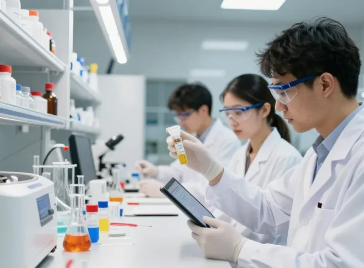Laboratory technician examining a lyophilized peptide vial in a modern scientific setting.