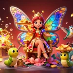 Engage in GG88 VIP's vibrant casino world featuring a cartoon butterfly queen and shimmering treasures.