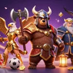 Betting scene with tỷ lệ kèo nhà cái 5 showcasing Viking bear and Valkyrie amidst casino elements.