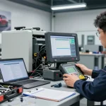 Technician inspecting NAGA2000 diagnostic tool in automotive service center.