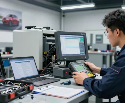 Technician inspecting NAGA2000 diagnostic tool in automotive service center.