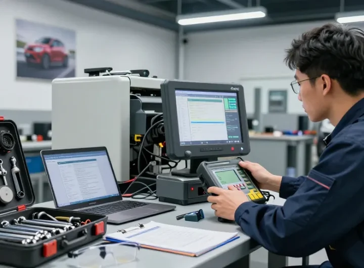 Technician inspecting NAGA2000 diagnostic tool in automotive service center.