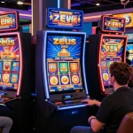 Engaged players enjoying zeus slot games in a vibrant online casino atmosphere with neon lights and interactive displays.